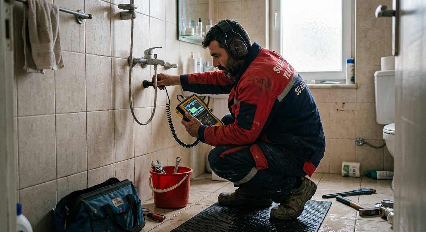 Banyo duvarında kaçak kontrolü yapan usta