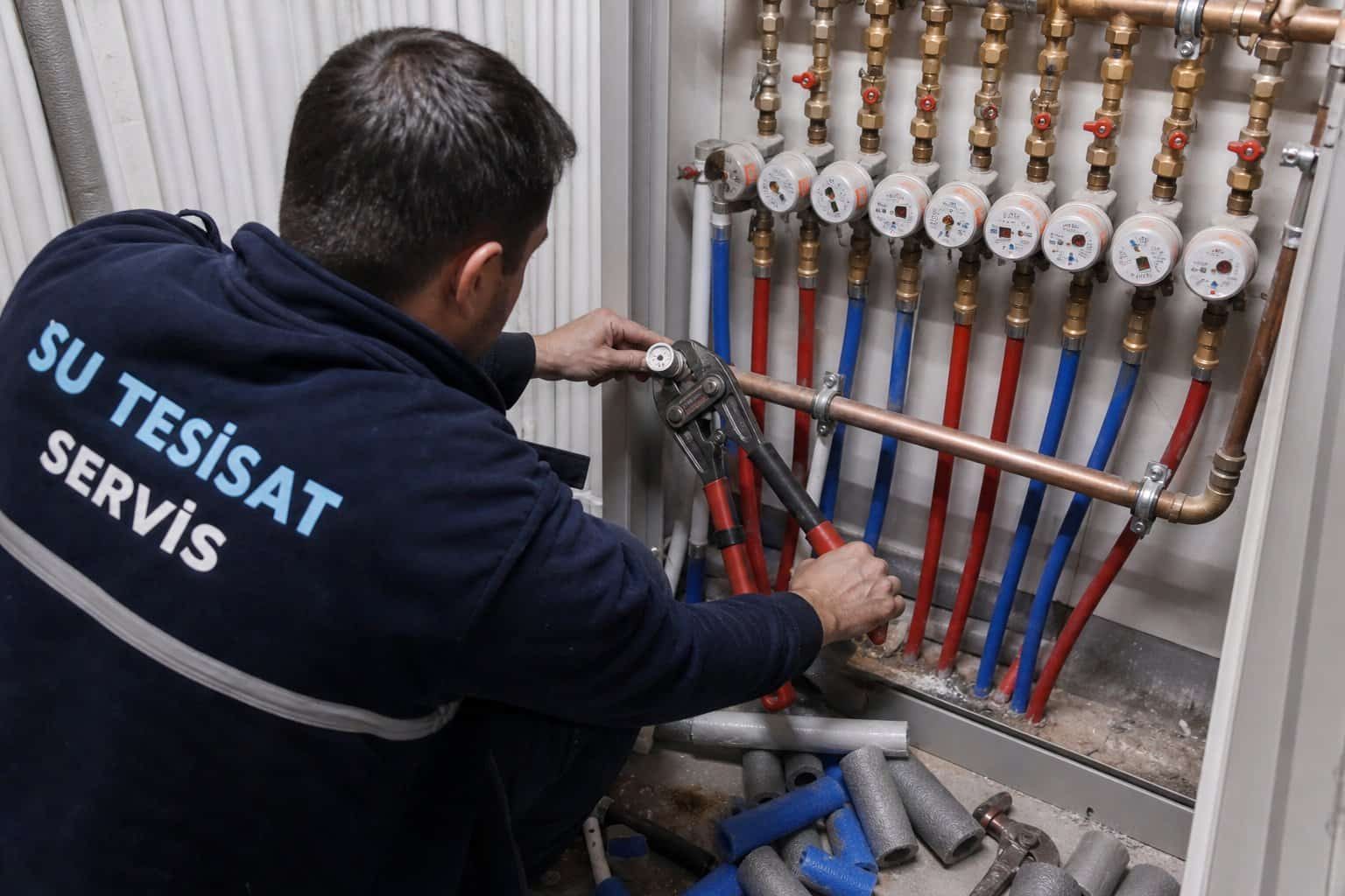 Dağıtım kollektörü bağlantılarını kontrol eden usta