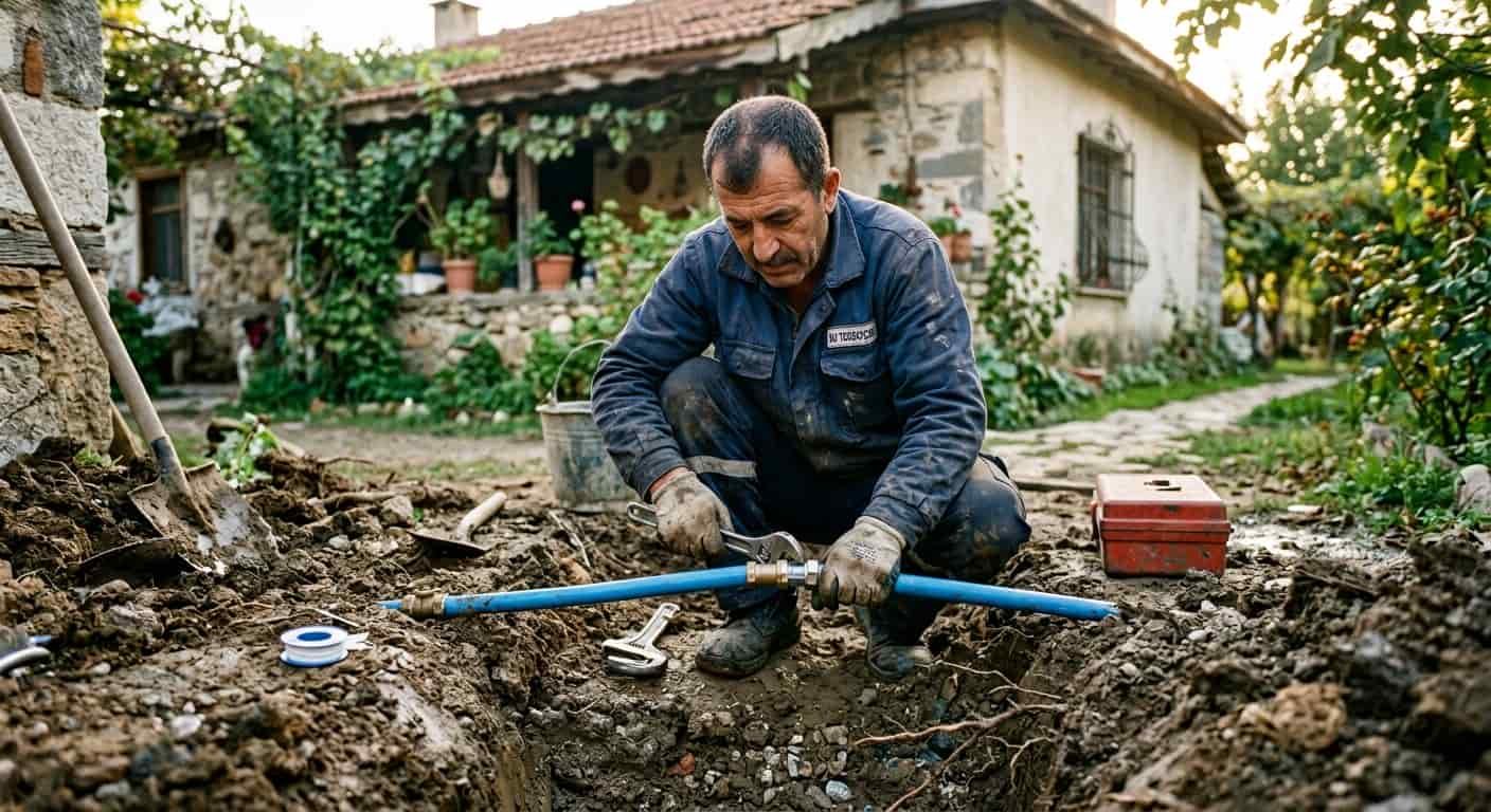 Bahçe su hattında çalışan tesisatçı